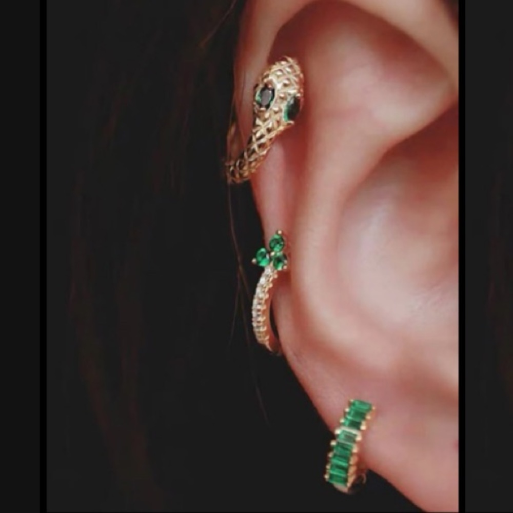 NWT Boutique 3 Piece Emerald & Gold Serpenti Snake • Earring Cuff Set